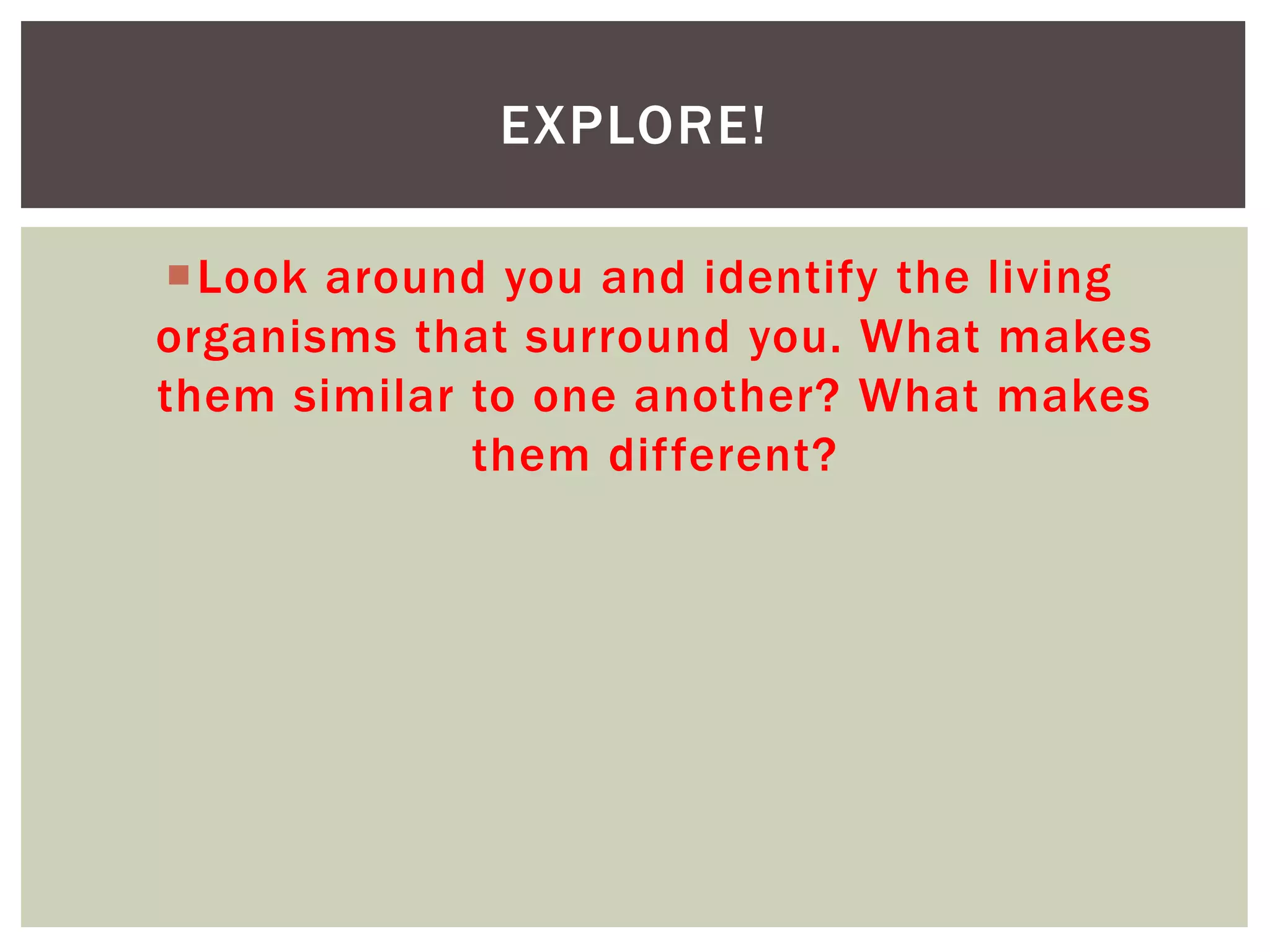 Look around you and identify the living
organisms that surround you. What makes
them similar to one another? What makes
them different?
EXPLORE!
 
