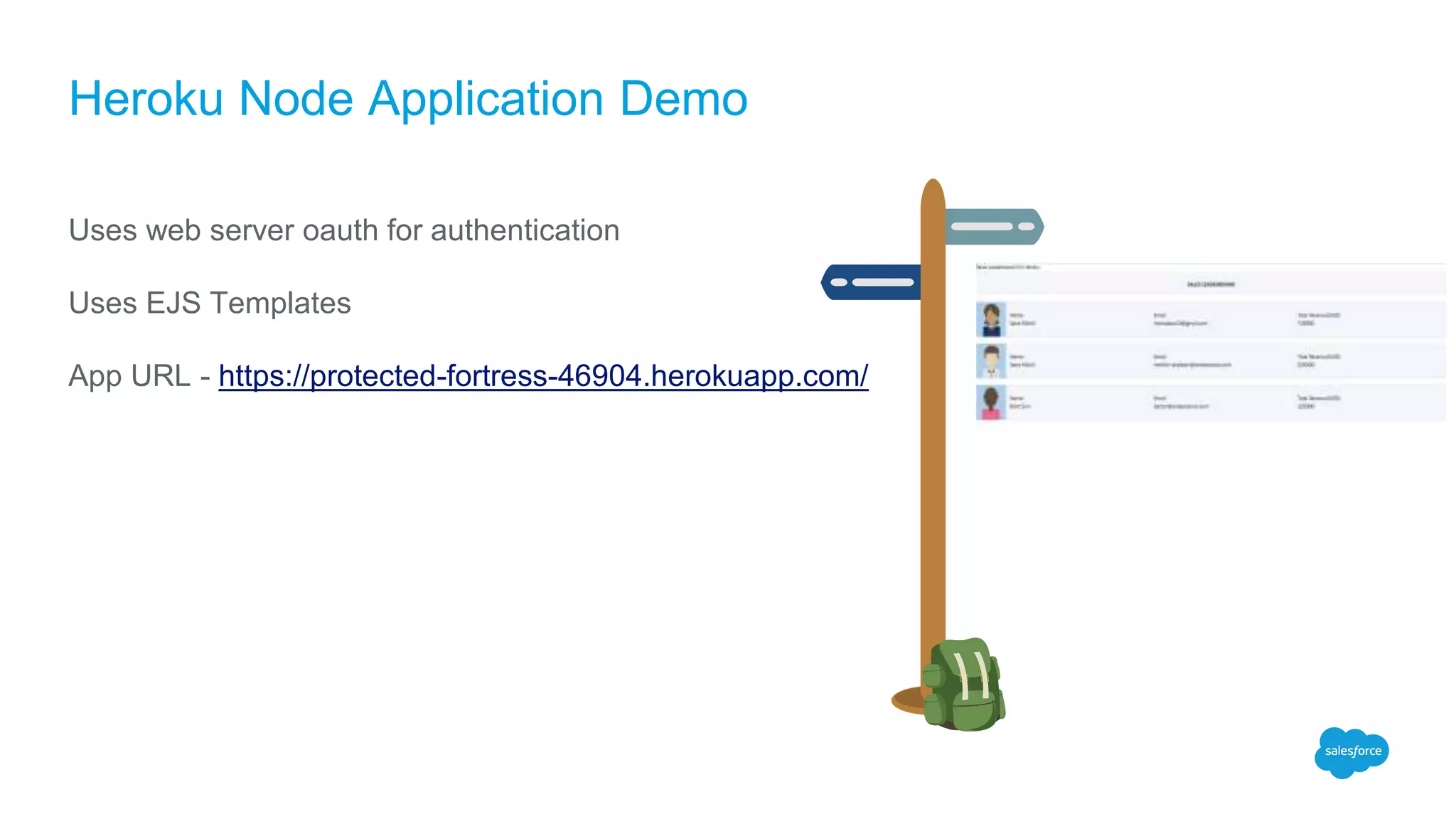 Heroku Node Application Demo
Uses web server oauth for authentication
Uses EJS Templates
App URL - https://protected-fortress-46904.herokuapp.com/
 