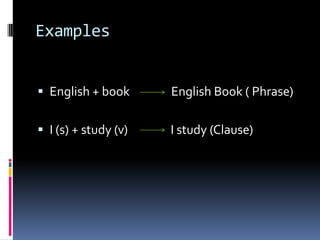 Examples


 English + book      English Book ( Phrase)

 I (s) + study (v)   I study (Clause)
 
