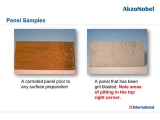 A corroded panel prior to
any surface preparation
A panel that has been
grit blasted. Note areas
of pitting in the top
right corner.
Panel Samples
 