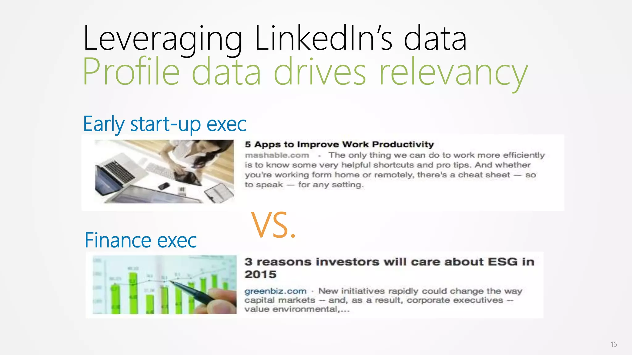 Leveraging LinkedIn’s data
16
Profile data drives relevancy
Early start-up exec
Finance exec VS.
 