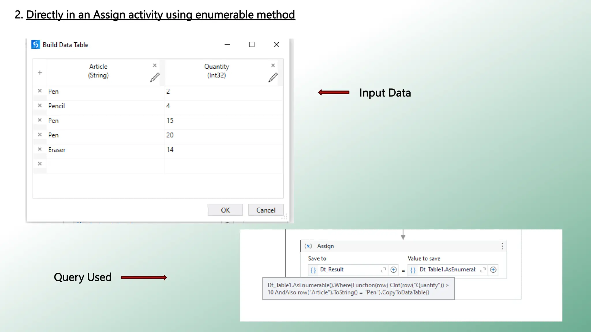 2. Directly in an Assign activity using enumerable method
Input Data
Query Used
 