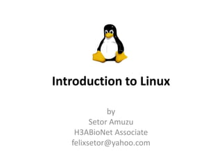 Introduction to Linux
by
Setor Amuzu
H3ABioNet Associate
felixsetor@yahoo.com
 