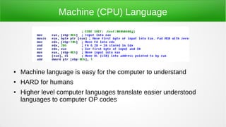 Machine (CPU) Language
● Machine language is easy for the computer to understand
● HARD for humans
● Higher level computer languages translate easier understood
languages to computer OP codes
 