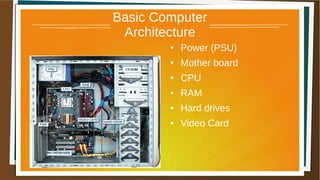 Basic Computer
Architecture
● Power (PSU)
● Mother board
● CPU
● RAM
● Hard drives
● Video Card
 