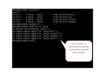 The rm with –ri
command is used to
remove the contents
interactively.
rm -ri command
 