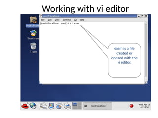 Working with vi editor
exam is a file
created or
opened with the
vi editor.
 