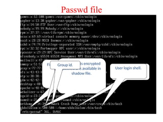 Passwd file
First field represent
username.
x represents encrypted
password is available in
shadow file.
User id.
Group id.
User home
directory.
User login shell.
 