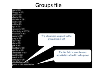 The last field shows the user
abdulkalam added in India group
Groups file
The id number assigned to the
group india is 501
 