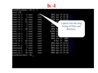 ls -l
l option lists the long
listing of Files and
directory.
 