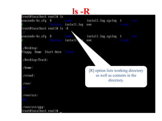 ls -R
[R] option lists working directory
as well as contents in the
directory.
 