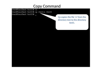 Cp copies the file ‘a’ from the
directory test to the directory
test1.
Copy Command
 