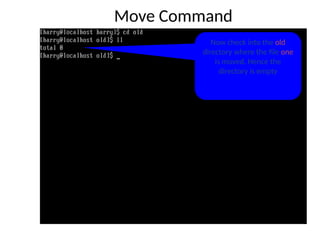 Move Command
Now check into the old
directory where the file one
is moved. Hence the
directory is empty
 