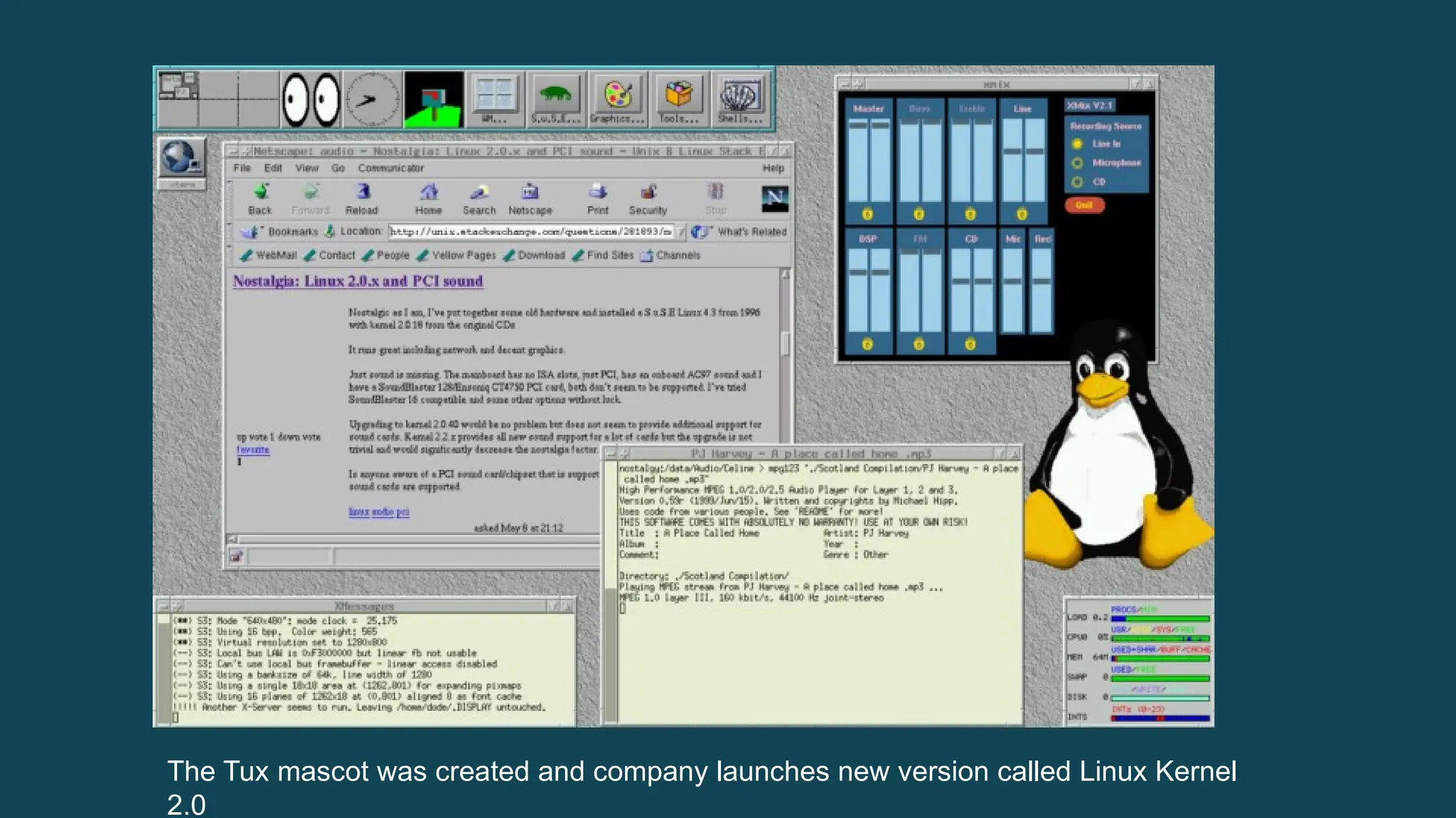 The Tux mascot was created and company launches new version called Linux Kernel 2.0 