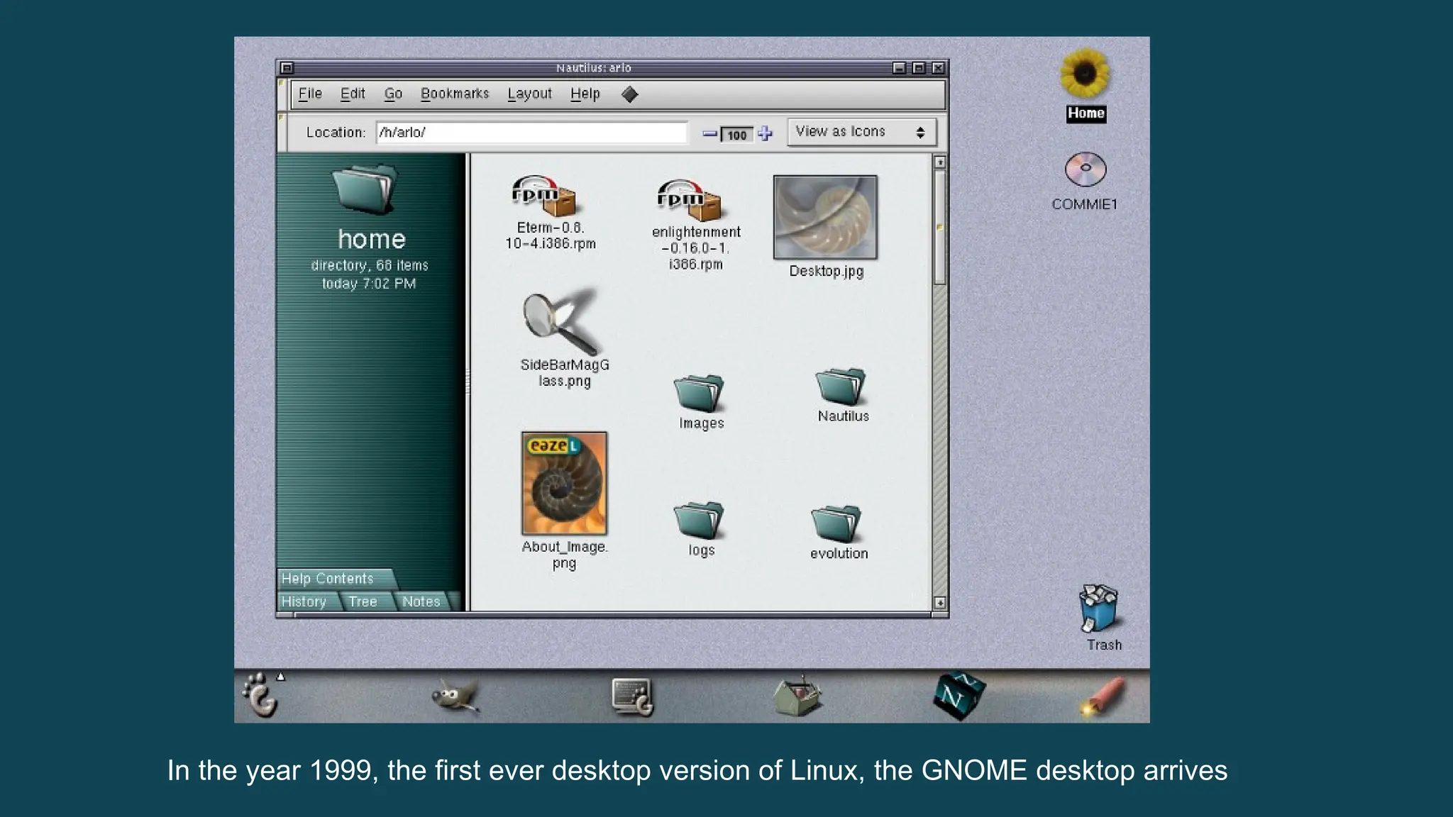 In the year 1999, the first ever desktop version of Linux, the GNOME desktop arrives 