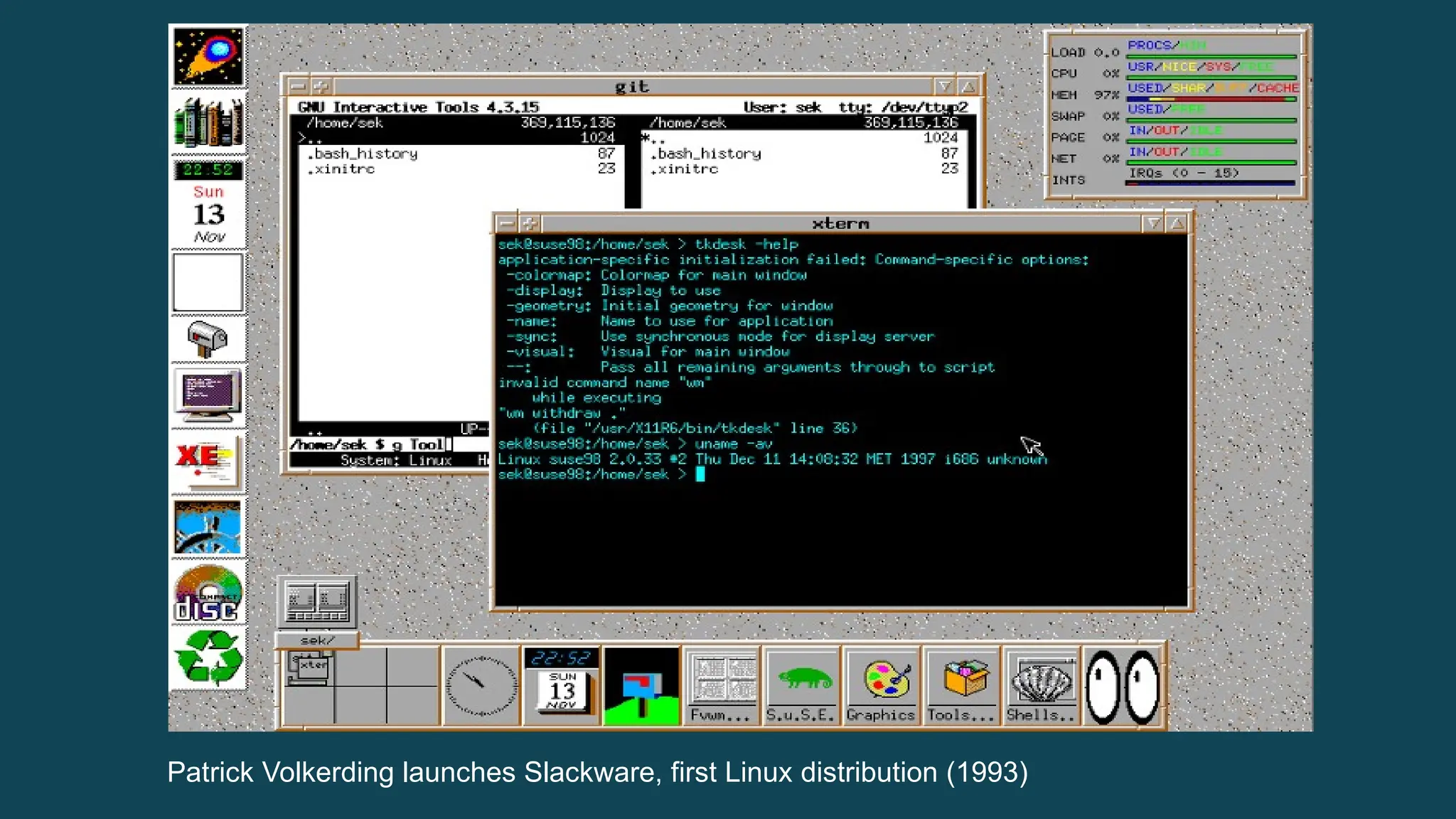 Patrick Volkerding launches Slackware, first Linux distribution (1993) 