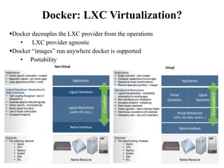 Docker: LXC Virtualization?
Docker decouples the LXC provider from the operations
• LXC provider agnostic
Docker “images” run anywhere docker is supported
• Portability
 
