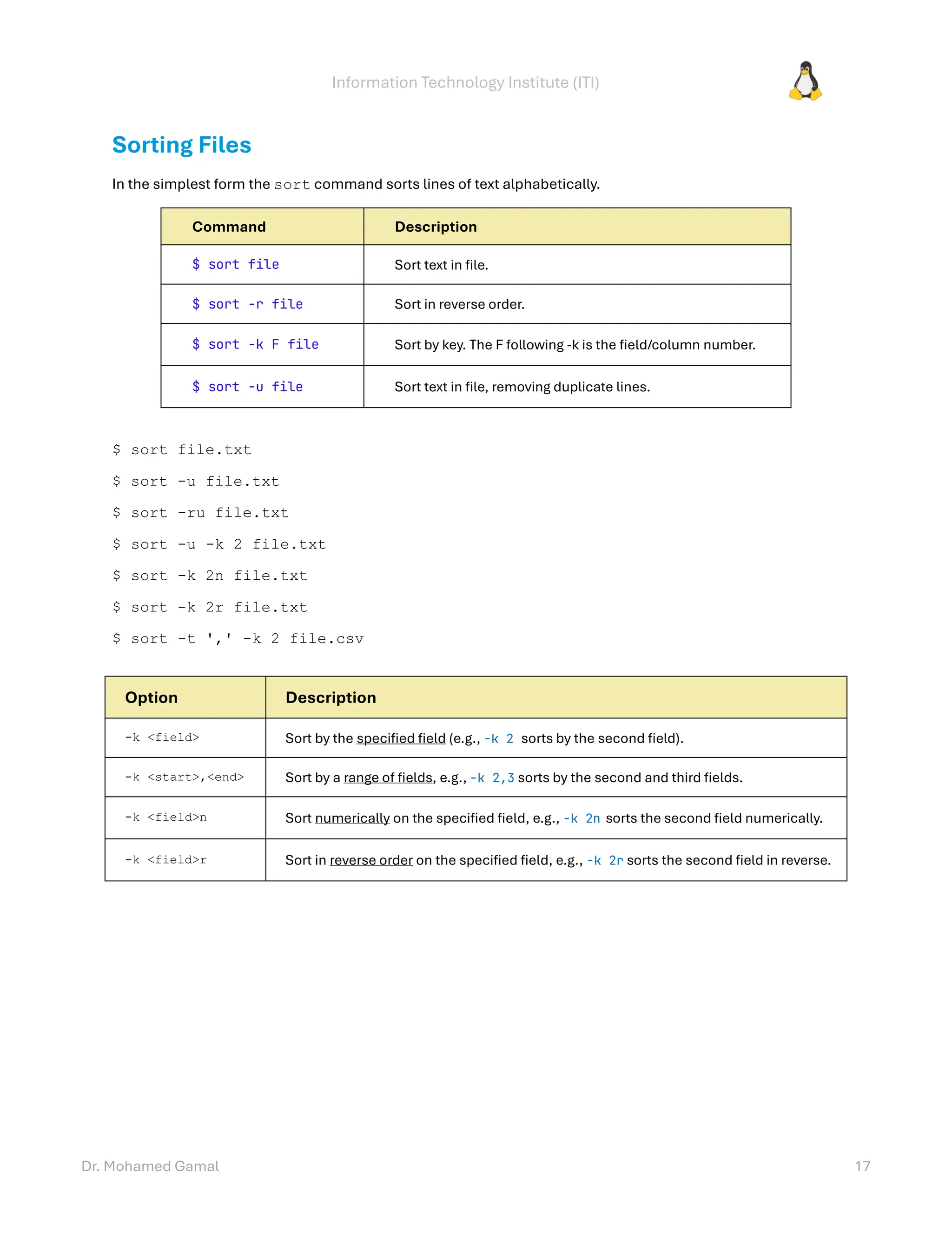 Information Technology Institute (ITI)
Dr. Mohamed Gamal 17
Sorting Files
In the simplest form the sort command sorts lines of text alphabetically.
Command Description
$ sort file Sort text in file.
$ sort -r file Sort in reverse order.
$ sort -k F file Sort by key. The F following -k is the field/column number.
$ sort -u file Sort text in file, removing duplicate lines.
$ sort file.txt
$ sort -u file.txt
$ sort -ru file.txt
$ sort -u -k 2 file.txt
$ sort -k 2n file.txt
$ sort -k 2r file.txt
$ sort -t ',' -k 2 file.csv
Option Description
-k <field> Sort by the specified field (e.g., -k 2 sorts by the second field).
-k <start>,<end> Sort by a range of fields, e.g., -k 2,3 sorts by the second and third fields.
-k <field>n Sort numerically on the specified field, e.g., -k 2n sorts the second field numerically.
-k <field>r Sort in reverse order on the specified field, e.g., -k 2r sorts the second field in reverse.
 