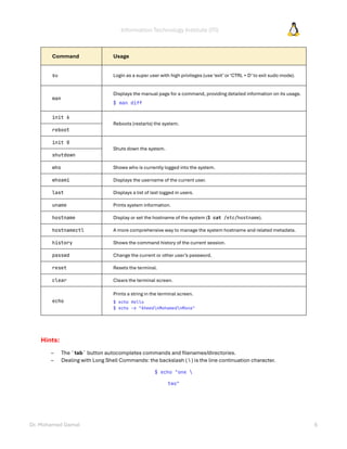 Information Technology Institute (ITI)
Dr. Mohamed Gamal 6
Command Usage
su Login as a super user with high privileges (use ‘exit’ or ‘CTRL + D’ to exit sudo mode).
man
Displays the manual page for a command, providing detailed information on its usage.
$ man diff
init 6
Reboots (restarts) the system.
reboot
init 0
Shuts down the system.
shutdown
who Shows who is currently logged into the system.
whoami Displays the username of the current user.
last Displays a list of last logged in users.
uname Prints system information.
hostname Display or set the hostname of the system ($ cat /etc/hostname).
hostnamectl A more comprehensive way to manage the system hostname and related metadata.
history Shows the command history of the current session.
passwd Change the current or other user’s password.
reset Resets the terminal.
clear Clears the terminal screen.
echo
Prints a string in the terminal screen.
$ echo Hello
$ echo -e "AhmednMohamednMona"
Hints:
– The `tab` button autocompletes commands and filenames/directories.
– Dealing with Long Shell Commands: the backslash (  ) is the line continuation character.
$ echo "one 
two"
 