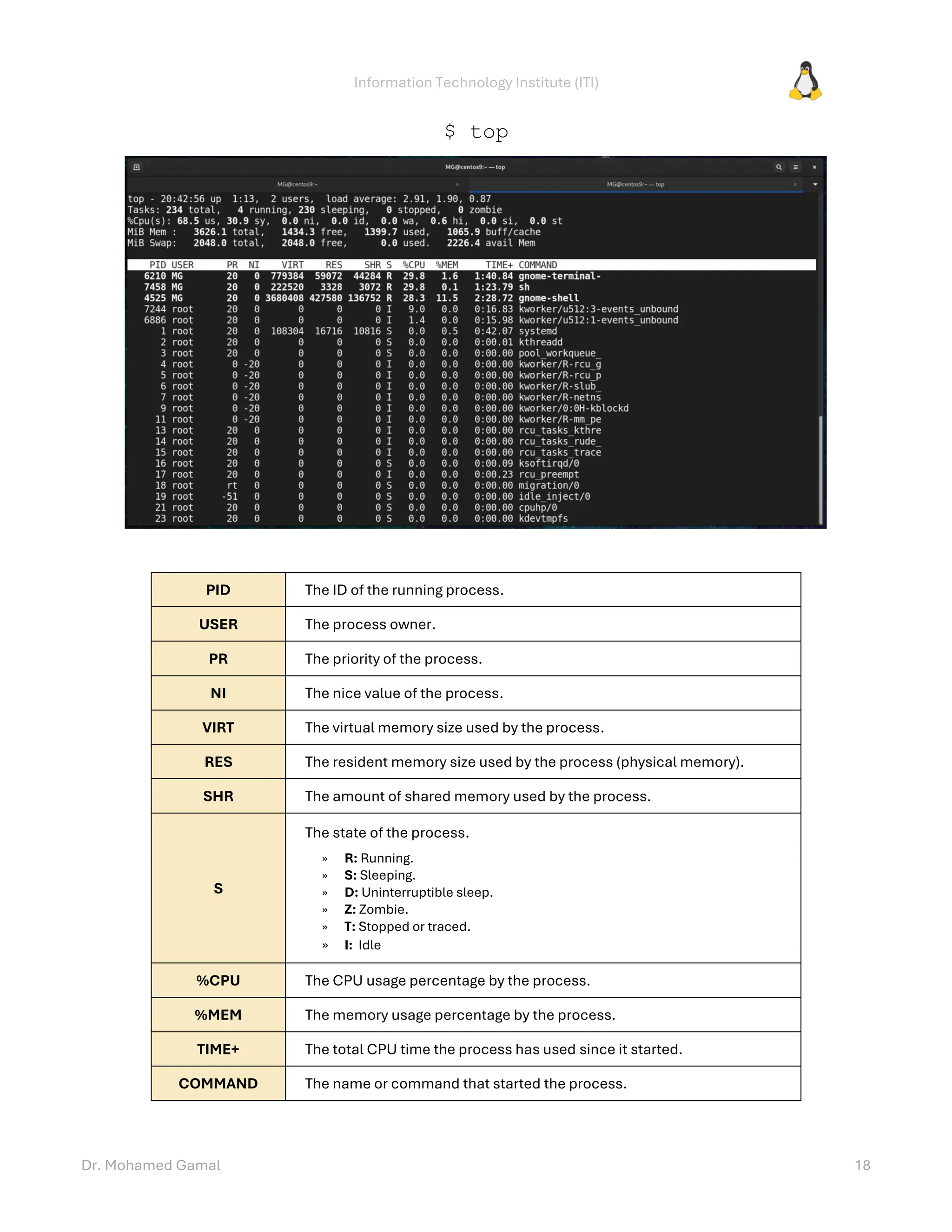 Information Technology Institute (ITI)
Dr. Mohamed Gamal 18
$ top
PID The ID of the running process.
USER The process owner.
PR The priority of the process.
NI The nice value of the process.
VIRT The virtual memory size used by the process.
RES The resident memory size used by the process (physical memory).
SHR The amount of shared memory used by the process.
S
The state of the process.
» R: Running.
» S: Sleeping.
» D: Uninterruptible sleep.
» Z: Zombie.
» T: Stopped or traced.
» I: Idle
%CPU The CPU usage percentage by the process.
%MEM The memory usage percentage by the process.
TIME+ The total CPU time the process has used since it started.
COMMAND The name or command that started the process.
 