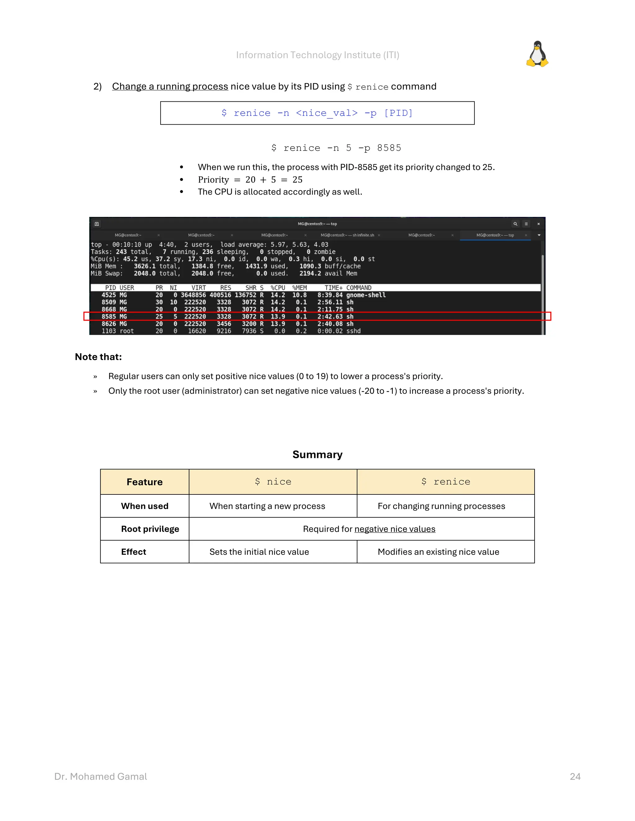 Information Technology Institute (ITI)
Dr. Mohamed Gamal 24
2) Change a running process nice value by its PID using $ renice command
$ renice -n <nice_val> -p [PID]
$ renice -n 5 -p 8585
• When we run this, the process with PID-8585 get its priority changed to 25.
• Priority = 20 + 5 = 25
• The CPU is allocated accordingly as well.
Note that:
» Regular users can only set positive nice values (0 to 19) to lower a process's priority.
» Only the root user (administrator) can set negative nice values (-20 to -1) to increase a process's priority.
Summary
Feature $ nice $ renice
When used When starting a new process For changing running processes
Root privilege Required for negative nice values
Effect Sets the initial nice value Modifies an existing nice value
 