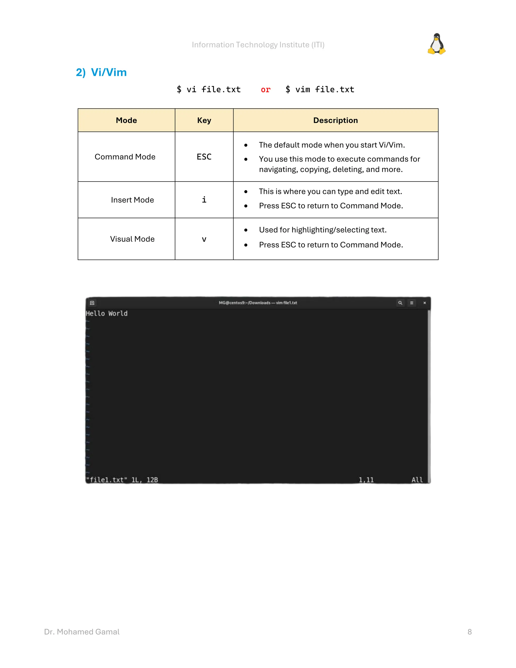 Information Technology Institute (ITI)
Dr. Mohamed Gamal 8
2) Vi/Vim
$ vi file.txt or $ vim file.txt
Mode Key Description
Command Mode ESC
• The default mode when you start Vi/Vim.
• You use this mode to execute commands for
navigating, copying, deleting, and more.
Insert Mode i
• This is where you can type and edit text.
• Press ESC to return to Command Mode.
Visual Mode v
• Used for highlighting/selecting text.
• Press ESC to return to Command Mode.
 