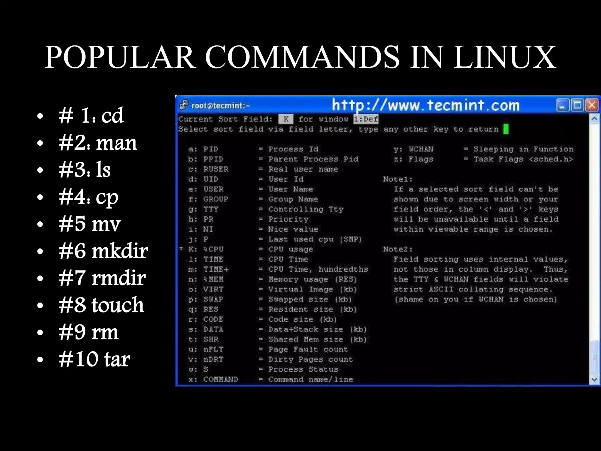 POPULAR COMMANDS IN LINUX
• # 1: cd
• #2: man
• #3: ls
• #4: cp
• #5 mv
• #6 mkdir
• #7 rmdir
• #8 touch
• #9 rm
• #10 tar
 