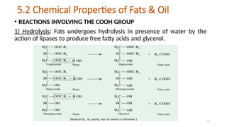 19
5.2 Chemical Properties of Fats & Oil
• REACTIONS INVOLVING THE COOH GROUP
1) Hydrolysis: Fats undergoes hydrolysis in presence of water by the
action of lipases to produce free fatty acids and glycerol.
 