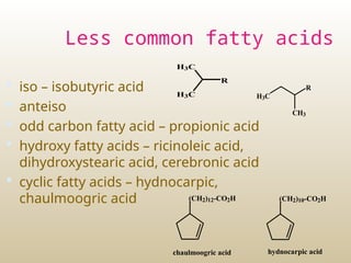 Less common fatty acids
 iso – isobutyric acid
 anteiso
 odd carbon fatty acid – propionic acid
 hydroxy fatty acids – ricinoleic acid,
dihydroxystearic acid, cerebronic acid
 cyclic fatty acids – hydnocarpic,
chaulmoogric acid
R
H3C
H3C H3C
R
CH3
(CH2)12-CO2H (CH2)10-CO2H
chaulmoogric acid hydnocarpic acid
 