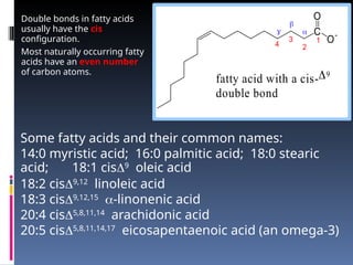 Some fatty acids and their common names:
14:0 myristic acid; 16:0 palmitic acid; 18:0 stearic
acid; 18:1 cis9
oleic acid
18:2 cis9,12
linoleic acid
18:3 cis9,12,15
-linonenic acid
20:4 cis5,8,11,14
arachidonic acid
20:5 cis5,8,11,14,17
eicosapentaenoic acid (an omega-3)
Double bonds in fatty acids
usually have the cis
configuration.
Most naturally occurring fatty
acids have an even number
of carbon atoms.
C
O
O
1
2
3
4



fatty acid with a cis-9
double bond
 