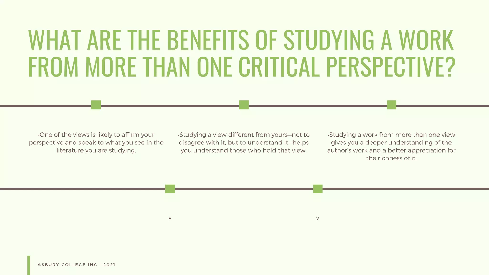 WHAT ARE THE BENEFITS OF STUDYING A WORK
FROM MORE THAN ONE CRITICAL PERSPECTIVE?
A S B U R Y C O L L E G E I N C | 2 0 2 1
•One of the views is likely to affirm your
perspective and speak to what you see in the
literature you are studying.
•Studying a view different from yours—not to
disagree with it, but to understand it—helps
you understand those who hold that view.
v
•Studying a work from more than one view
gives you a deeper understanding of the
author’s work and a better appreciation for
the richness of it.
v
 