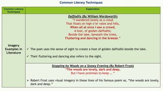 Common Literary Techniques
Common Literary
Techniques
Explanation
Imagery
Examples in
Literature
Daffodils (By William Wordsworth)
“I wandered lonely as a cloud
That floats on high o’er vales and hills,
When all at once I saw a crowd,
A host, of golden daffodils;
Beside the lake, beneath the trees,
Fluttering and dancing in the breeze.”
 The poet uses the sense of sight to create a host of golden daffodils beside the lake.
 Their fluttering and dancing also refers to the sight.
Stopping by Woods on a Snowy Evening (By Robert Frost)
“The woods are lovely, dark and deep,
But I have promises to keep … “
 Robert Frost uses visual imagery in these lines of his famous poem as, “the woods are lovely,
dark and deep.”
 