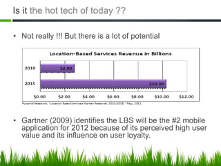 Is it the hot tech of today ??

• Not really !!! But there is a lot of potential




• Gartner (2009) identifies the LBS will be the #2 mobile
  application for 2012 because of its perceived high user
  value and its influence on user loyalty.
 