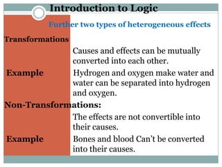 Introduction to Logic
          Further two types of heterogeneous effects.
Transformations
             Causes and effects can be mutually
             converted into each other.
Example      Hydrogen and oxygen make water and
             water can be separated into hydrogen
             and oxygen.
Non-Transformations:
             The effects are not convertible into
             their causes.
Example      Bones and blood Can’t be converted
             into their causes.
 