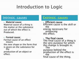 Intrinsic causes                 Extrinsic causes
 Material cause:                 Efficient cause
Material cause of a thing is     Efficient cause is the skill or
the matter or the substance        the
out of which the effect is       energy necessary for
Produced.                          producing
                                 the effect.
  Formal cause:                  The final cause
Formal cause of an effect        The final cause of a thing is
   means                         the very purpose for which
the new shape or the form that   the change is brought in.
is given on the substance for      The
   the                           purpose behind the
production of an object or       production of the effect is
effect.                            the
                                 final cause of the thing.
 