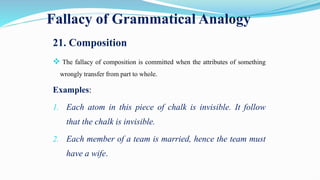 Fallacy of Grammatical Analogy
21. Composition
 The fallacy of composition is committed when the attributes of something
wrongly transfer from part to whole.
Examples:
1. Each atom in this piece of chalk is invisible. It follow
that the chalk is invisible.
2. Each member of a team is married, hence the team must
have a wife.
 