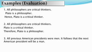 Examples (Evaluation)
1. All philosophers are critical thinkers.
Plato is a philosopher.
Hence, Plato is a critical thinker.
2. All philosophers are critical thinkers.
Plato is a critical thinker.
Therefore, Plato is a philosopher.
3. All previous American presidents were men. It follows that the next
American president will be a man.
 