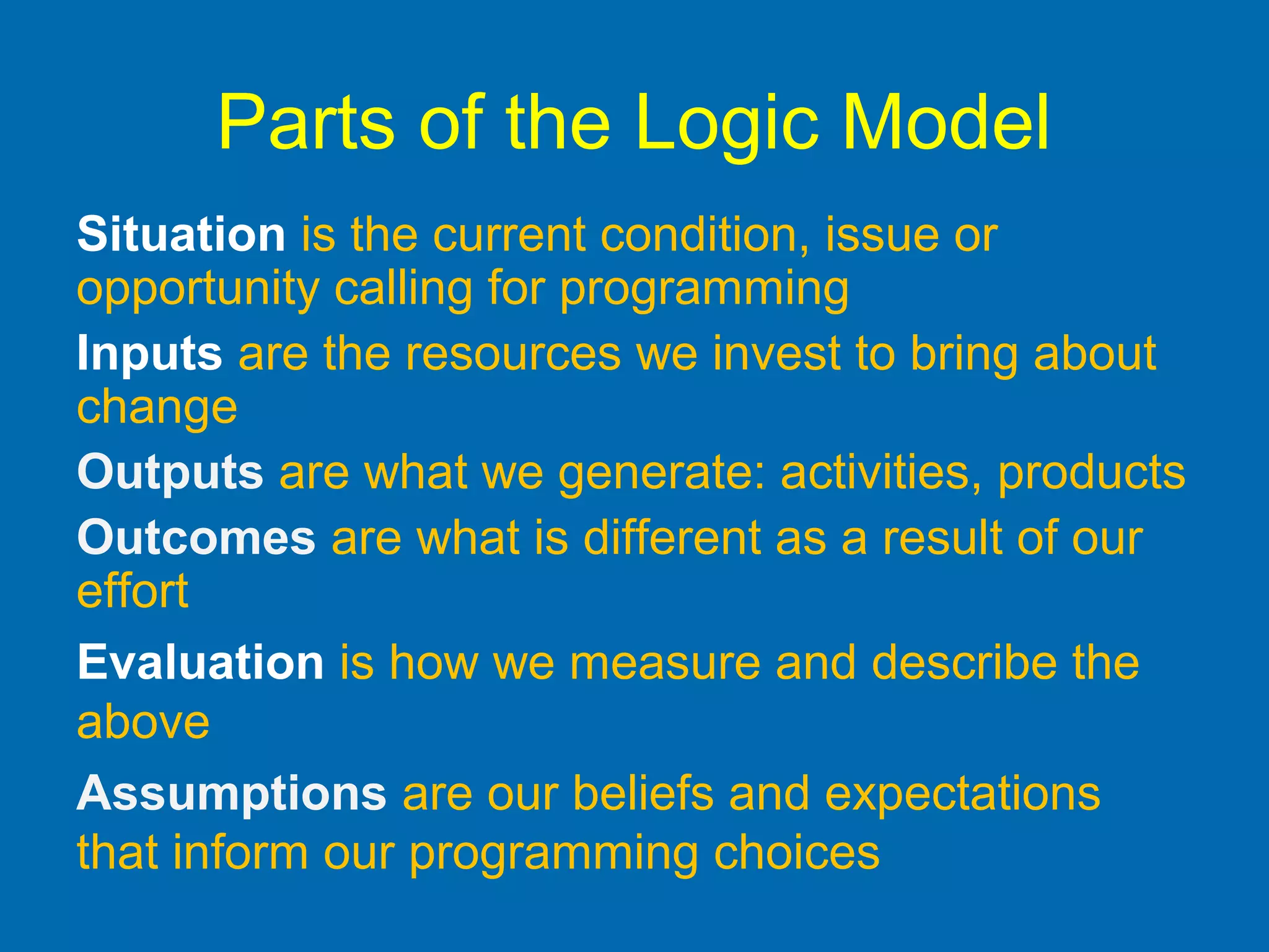 Parts of the Logic Model
Situation is the current condition, issue or
opportunity calling for programming
Inputs are the resources we invest to bring about
change
Outputs are what we generate: activities, products
Outcomes are what is different as a result of our
effort
Evaluation is how we measure and describe the
above
Assumptions are our beliefs and expectations
that inform our programming choices
 
