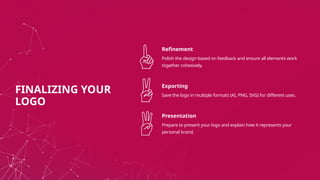 Refinement
Polish the design based on feedback and ensure all elements work
together cohesively.
Exporting
Save the logo in multiple formats (AI, PNG, SVG) for different uses.
Presentation
Prepare to present your logo and explain how it represents your
personal brand.
FINALIZING YOUR
LOGO
 