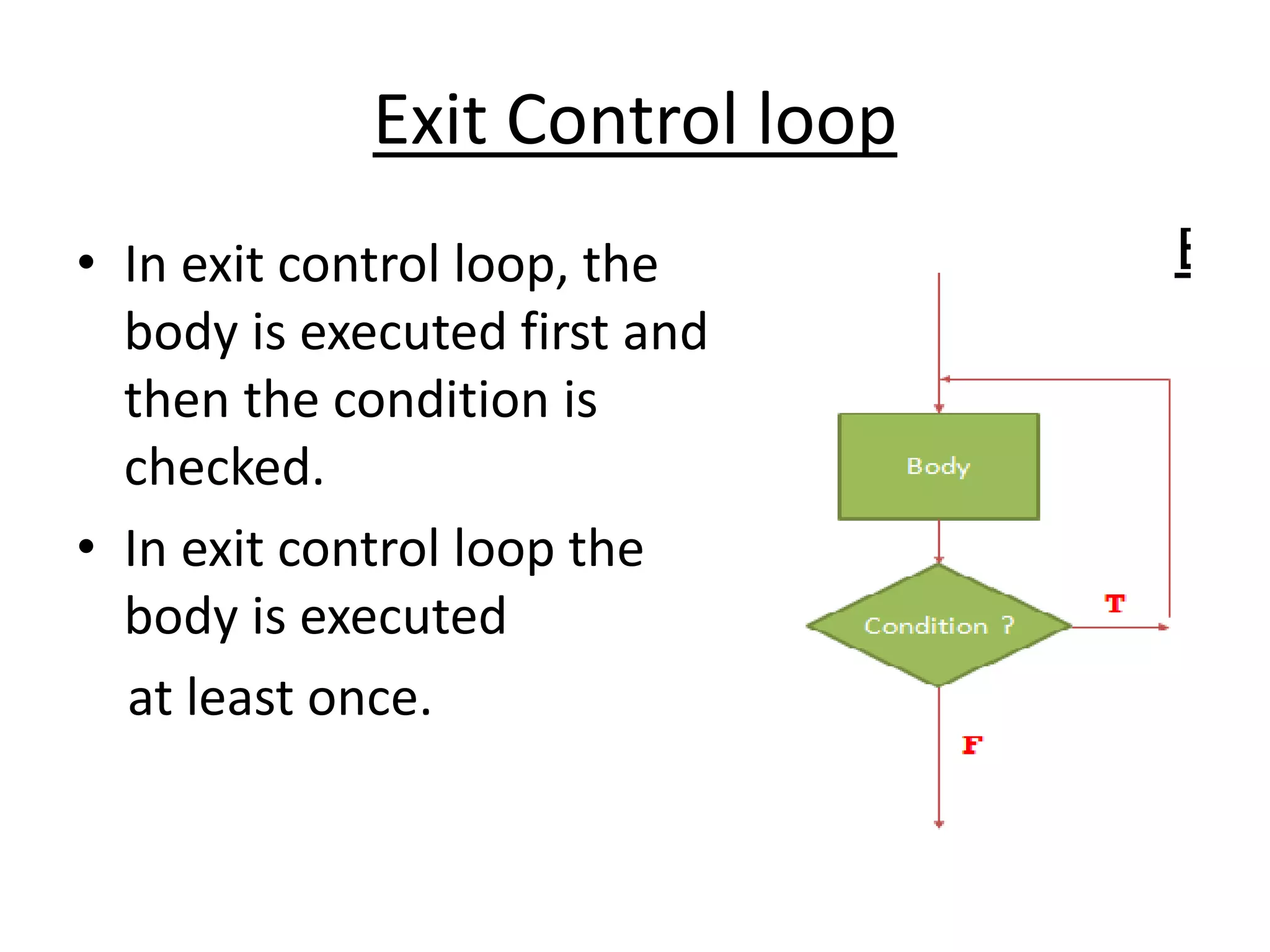 Exit Control loop
• In exit control loop, the
body is executed first and
then the condition is
checked.
• In exit control loop the
body is executed
at least once.
 