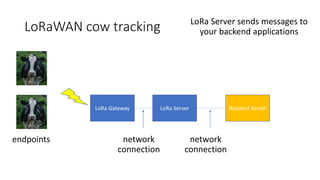 LoRaWAN cow tracking
network
connection
endpoints
LoRa Gateway LoRa Server Backend Server
network
connection
LoRa Server sends messages to
your backend applications
 