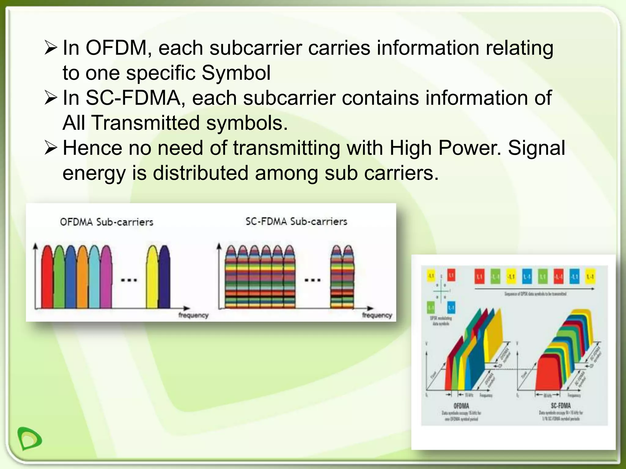  In OFDM, each subcarrier carries information relating
  to one specific Symbol
 In SC-FDMA, each subcarrier contains information of
  All Transmitted symbols.
 Hence no need of transmitting with High Power. Signal
  energy is distributed among sub carriers.
 