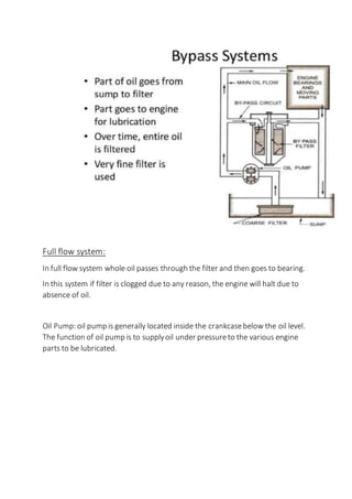 Full flow system:
In full flow system whole oil passes through the filter and then goes to bearing.
In this system if filter is clogged due to any reason, the engine will halt due to
absence of oil.
Oil Pump: oil pump is generally located inside the crankcasebelow the oil level.
The function of oil pump is to supplyoil under pressureto the various engine
parts to be lubricated.
 