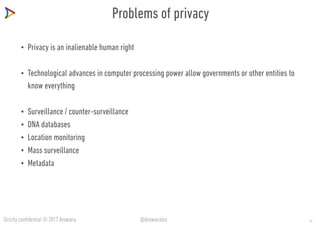 Strictly confidential © 2017 Arowana @ArowanaIns
Problems of privacy
• Privacy is an inalienable human right
• Technological advances in computer processing power allow governments or other entities to
know everything
• Surveillance / counter-surveillance
• DNA databases
• Location monitoring
• Mass surveillance
• Metadata
12
 