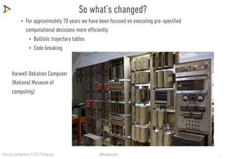 Strictly confidential © 2017 Arowana @ArowanaIns
So what’s changed?
• For approximately 70 years we have been focused on executing pre-specified
computational decisions more efficiently
• Ballistic trajectory tables
• Code breaking
Harwell Dekatron Computer
(National Museum of
computing)
3
 
