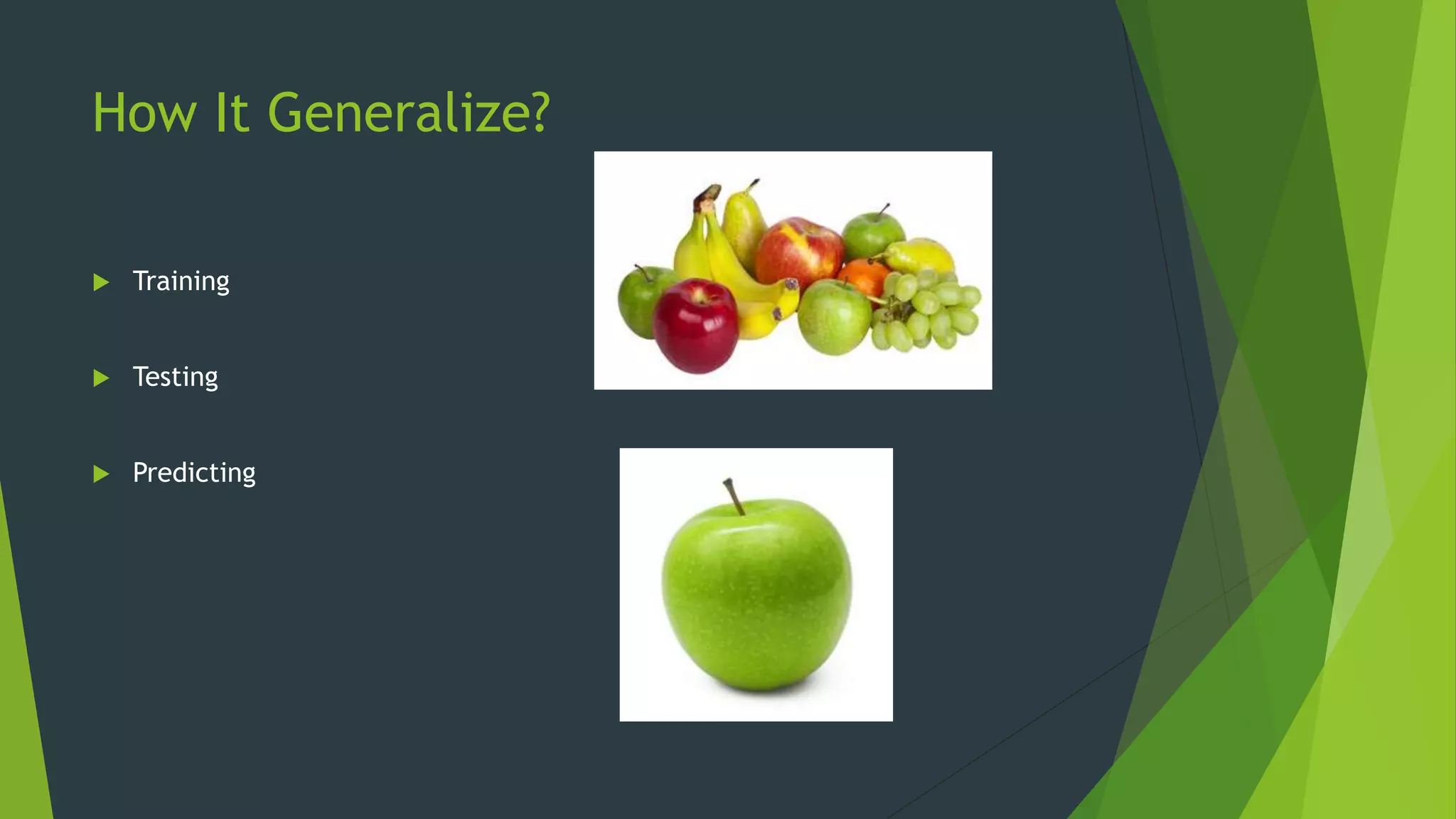 How It Generalize?
 Training
 Testing
 Predicting
 