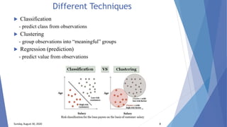 Different Techniques
 Classification
- predict class from observations
 Clustering
- group observations into “meaningful” groups
 Regression (prediction)
- predict value from observations
Sunday, August 30, 2020 8
 