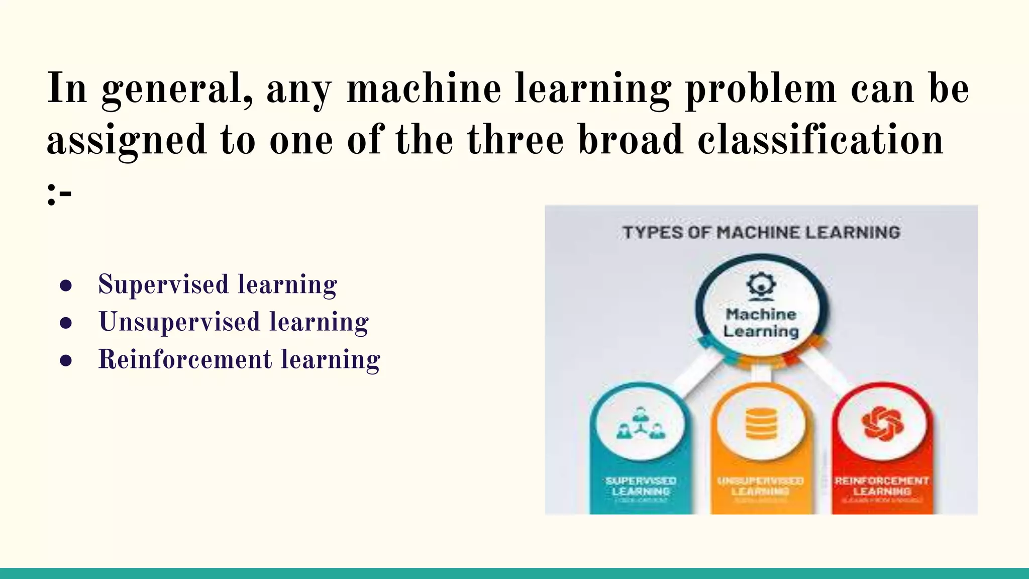 In general, any machine learning problem can be
assigned to one of the three broad classification
:-
● Supervised learning
● Unsupervised learning
● Reinforcement learning
 