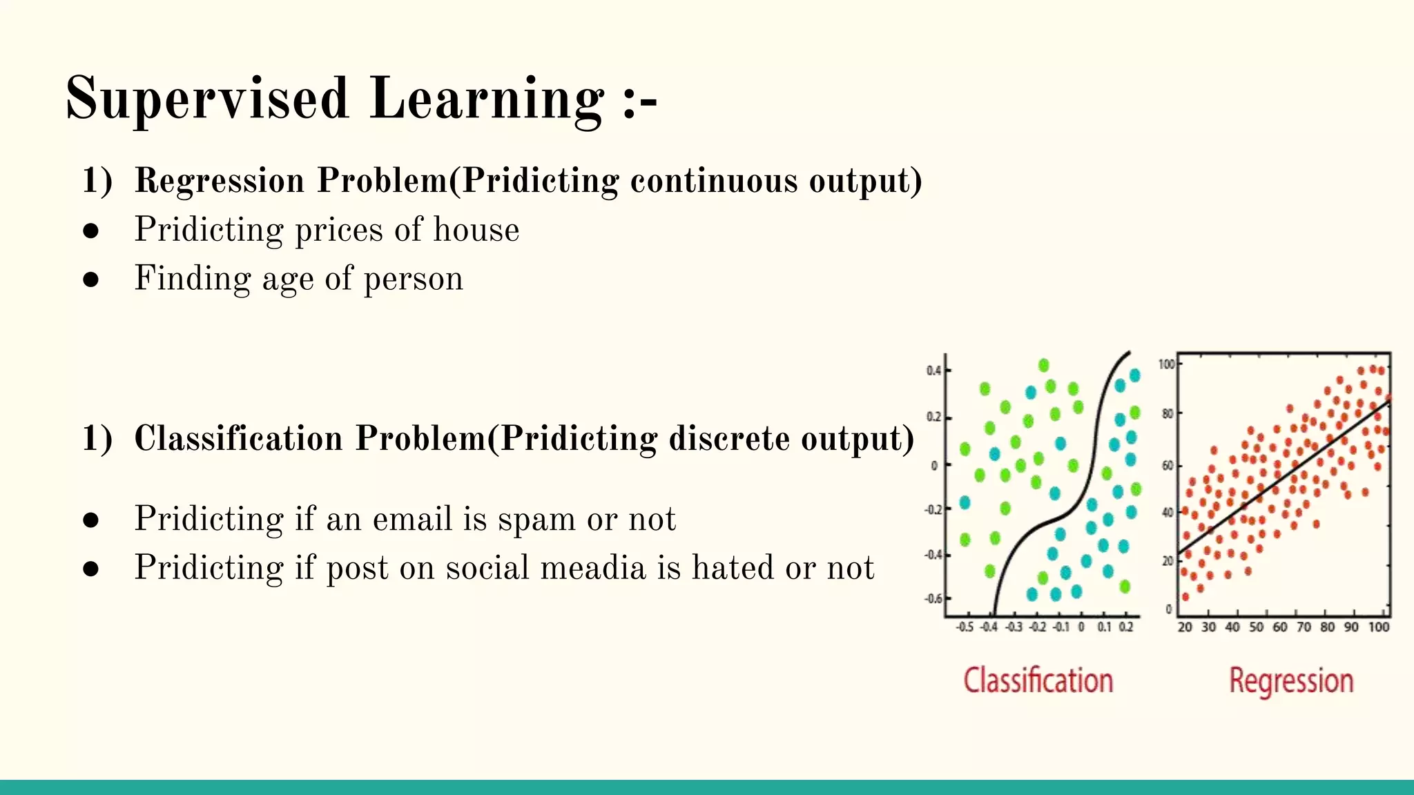 Supervised Learning :-
1) Regression Problem(Pridicting continuous output)
● Pridicting prices of house
● Finding age of person
1) Classification Problem(Pridicting discrete output)
● Pridicting if an email is spam or not
● Pridicting if post on social meadia is hated or not
 