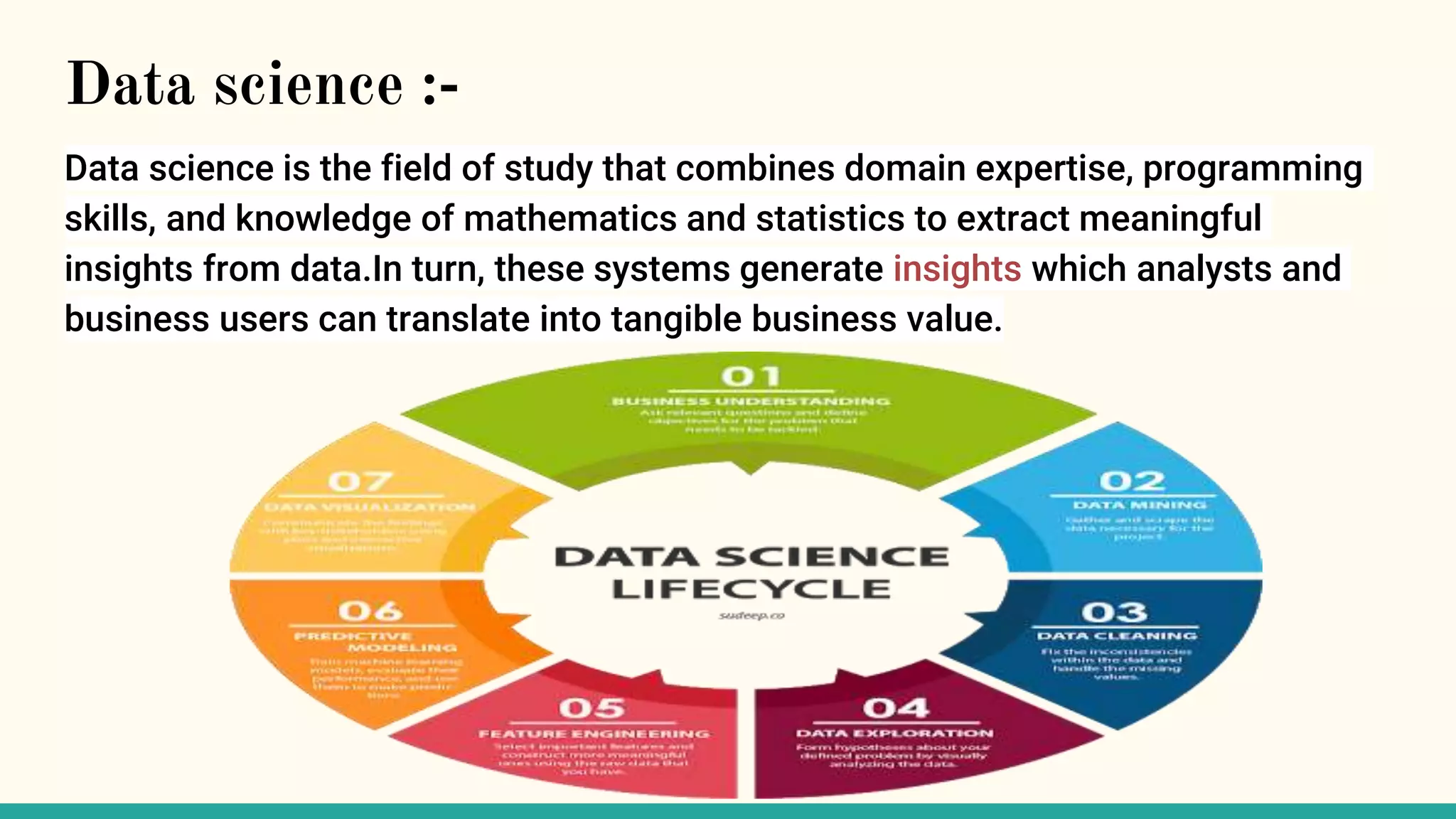 Data science :-
Data science is the field of study that combines domain expertise, programming
skills, and knowledge of mathematics and statistics to extract meaningful
insights from data.In turn, these systems generate insights which analysts and
business users can translate into tangible business value.
 